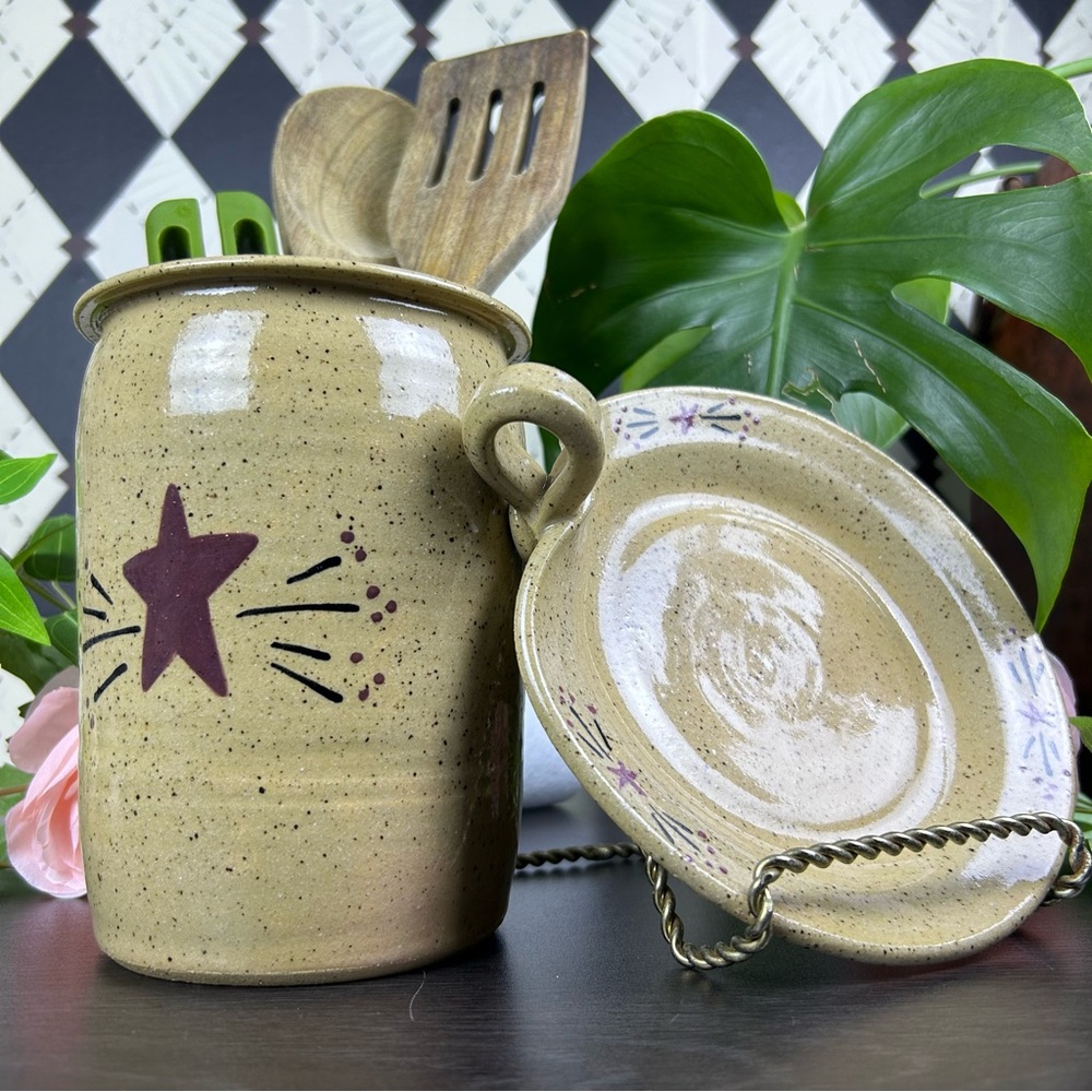 Studio Pottery Crock for Kitchen Utensils 6.5” + Underplate| Farmhouse Primitive